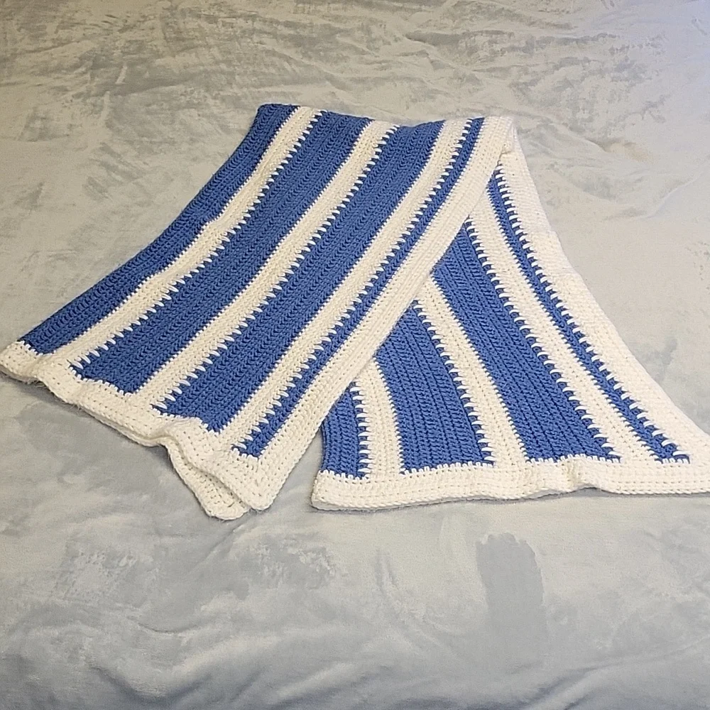 Blue and White Striped Handmade Throw Blanket, 67